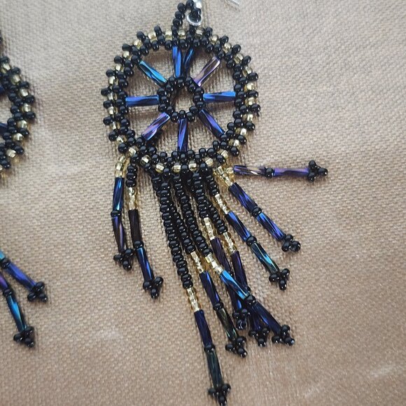 Handmade Beaded Chandelier Shepard's Hook Earrings Black Iridescent and Gold 4" - Picture 8 of 16
